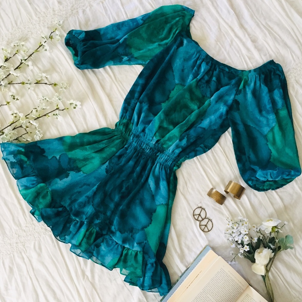 Turquoise Floral Chiffon Bell Sleeve Express Dress